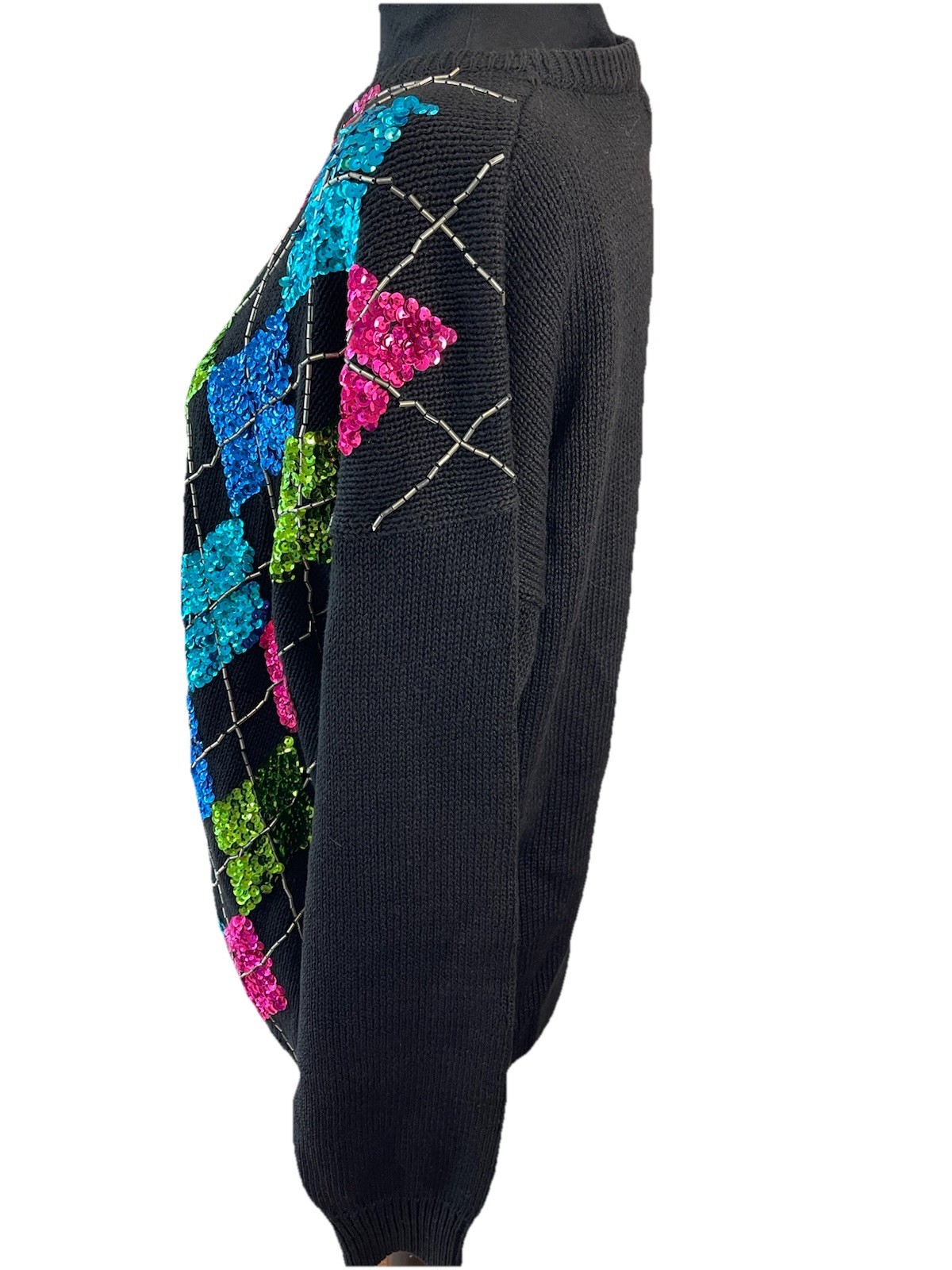 Eminent 1980s Colorful Argyle Sequined Ladies Sweater Size Medium Cotton Blend