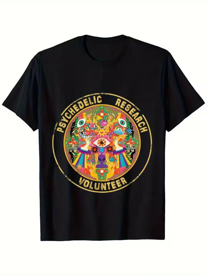 Men’s Psychedelic Research Volunteer Graphic T-Shirt – Vibrant Print 100% Cotton