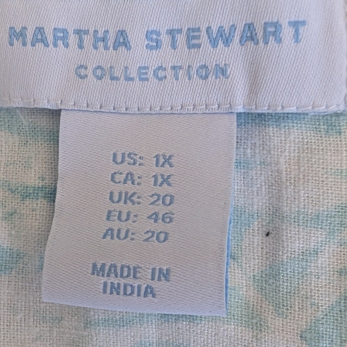 Martha Stewart Light Blue White Palm Print Linen Blend Tunic Top 1X Resortwear