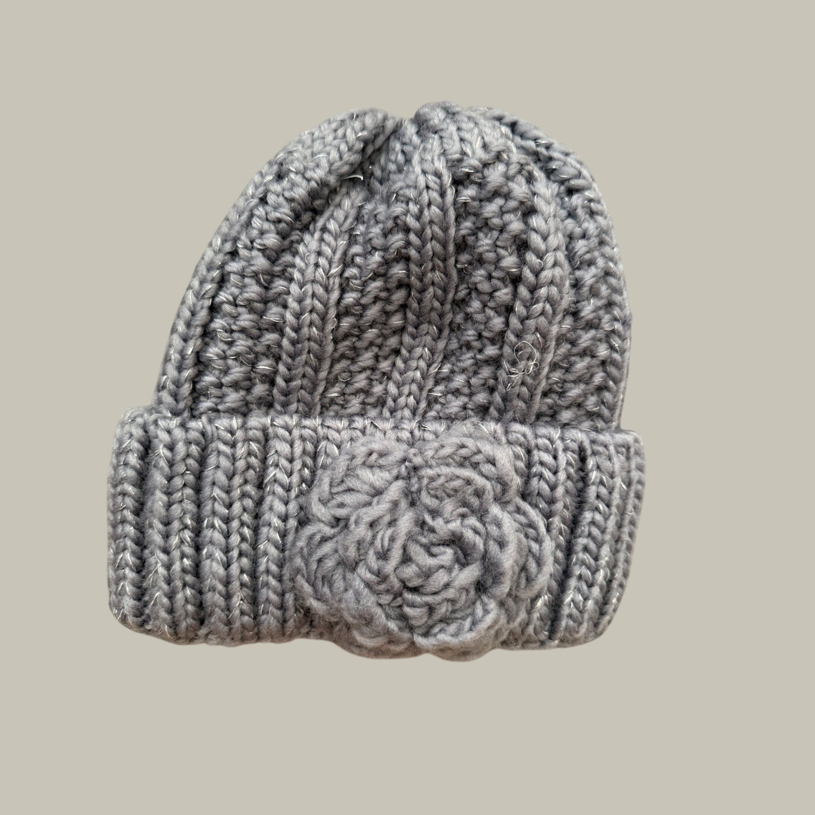 Chunky Knit Metallic Beanie Lavender Grey Fleece Lined Rosette Winter Hat