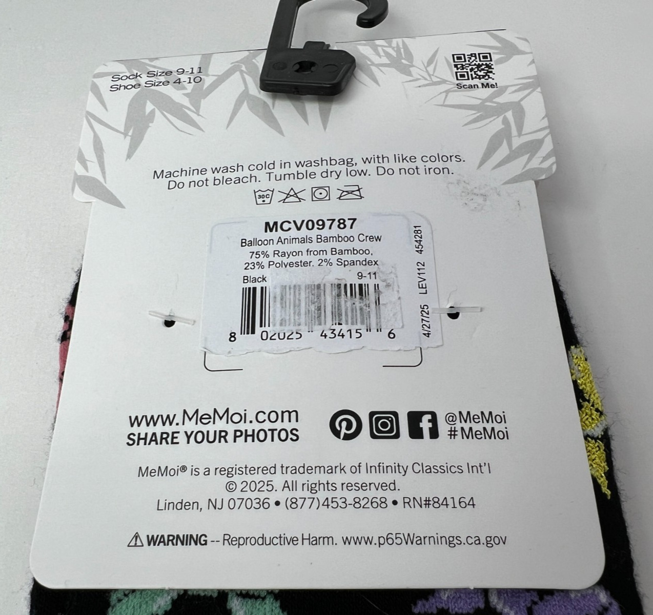 MeMoi Rayon From Bamboo Women’s Size 9-11 Crew Socks Balloon Animals Colorful