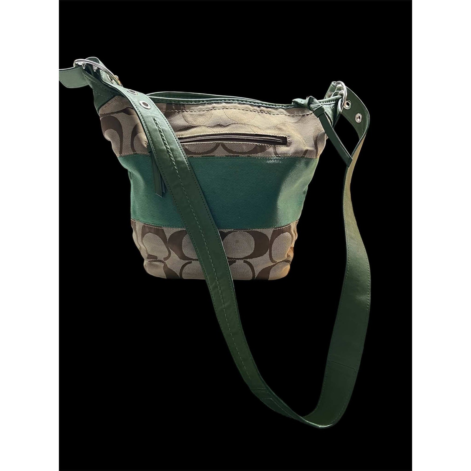 Coach Vintage Signature Canvas Green Leather Stripe Bucket Bag F13362 26-05-14