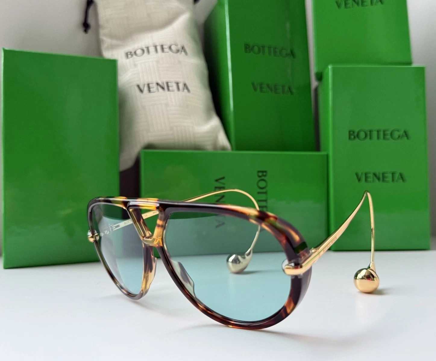 BOTTEGA VENETA BV1273S 007 Havana Gold Green Acqua Earrings Sunglasses
