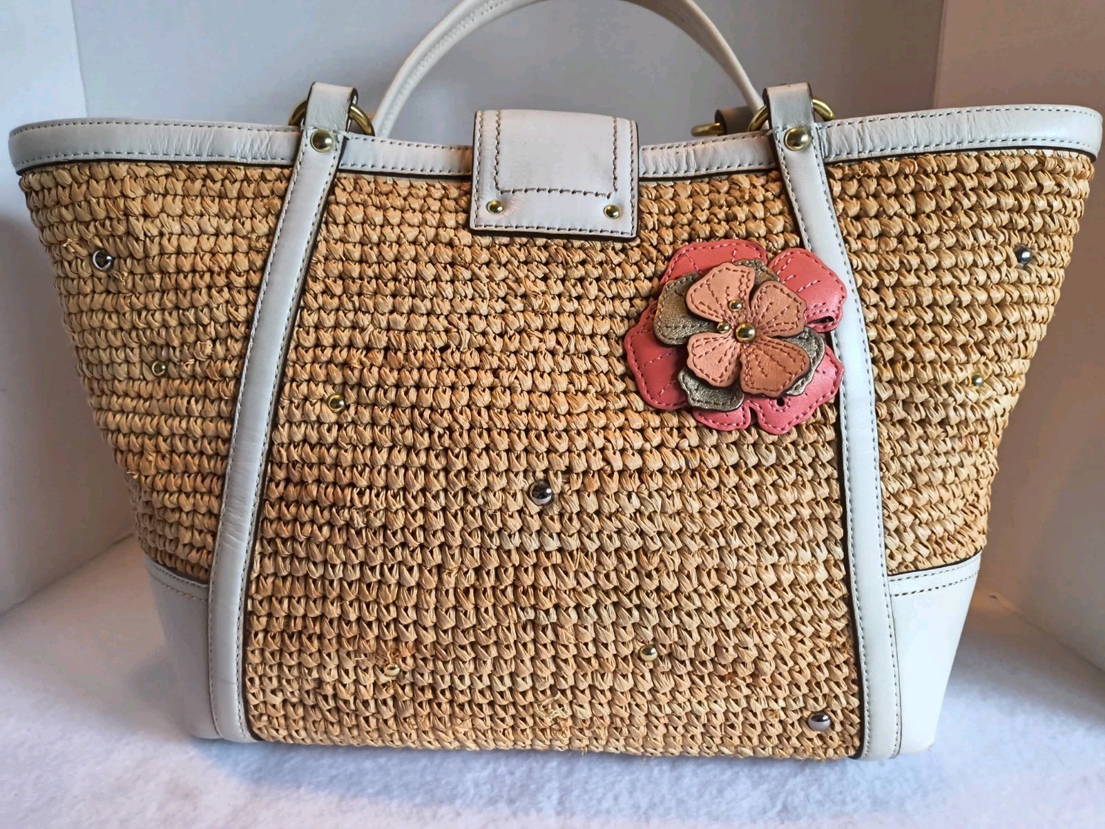 Coach Hampton Floral Tote Purse Straw White Pink L1169-19347