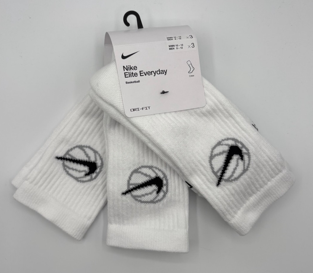 Nike Everyday Basketball White Crew Socks 3 Pair Mens Size 8-12 DA2123-100