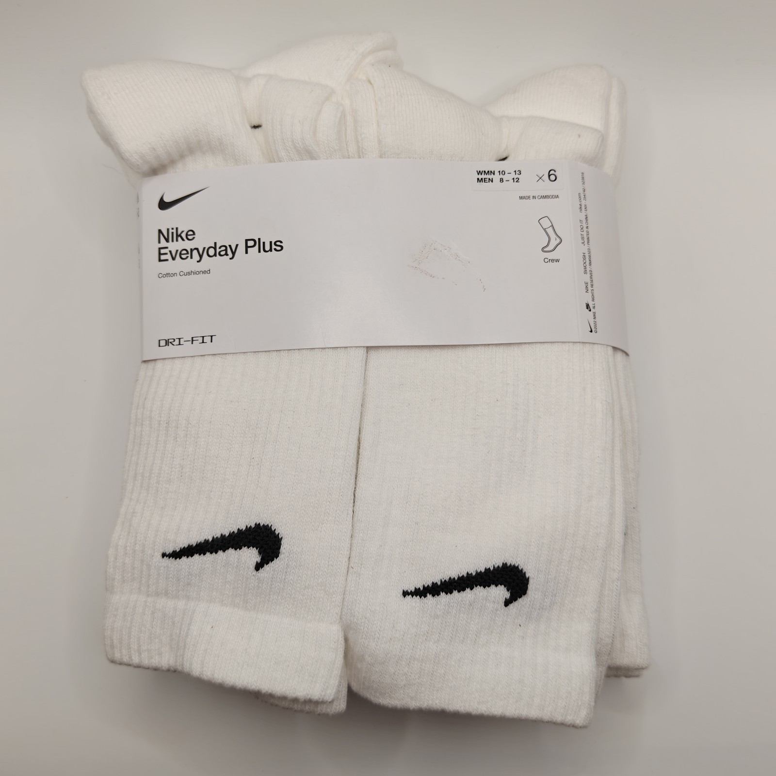Nike Dri-Fit Training Everyday Plus Cushioned Crew Socks White 6 Pairs Size L