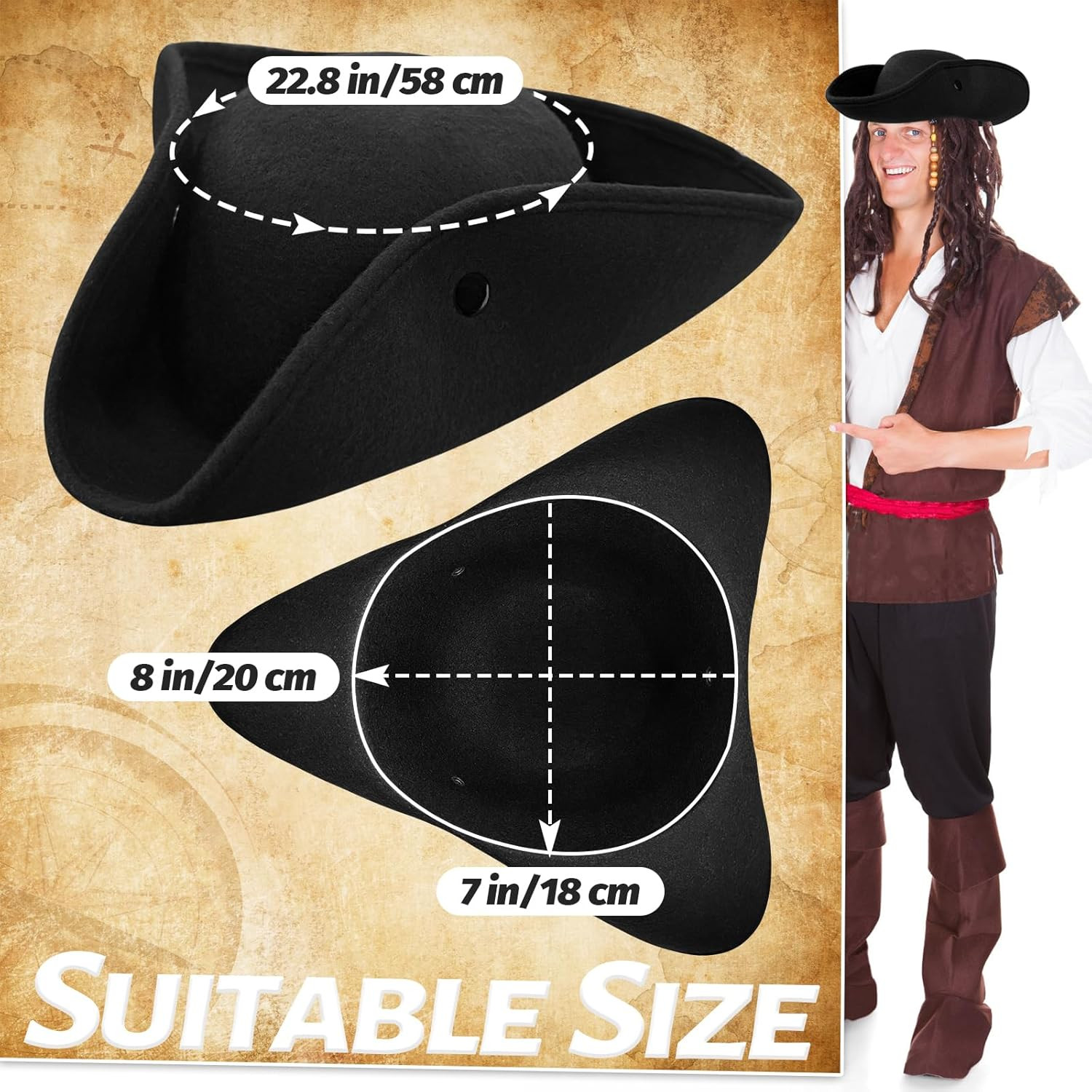 Pirate Tricorn Hat Colonial Costume Accessory for Halloween Cosplay Party
