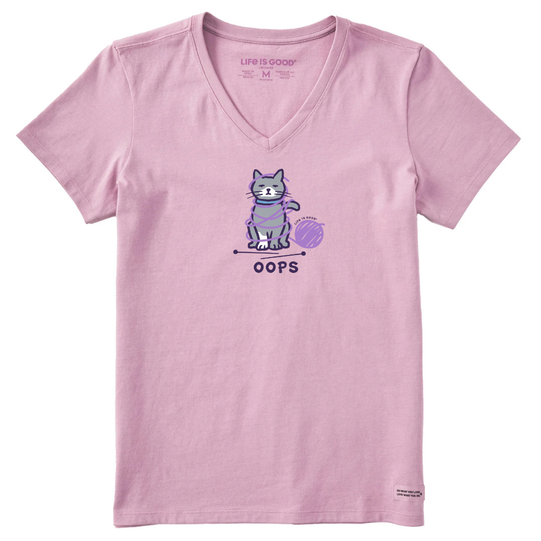 Life is Good. Women’s Oops Yarn Cat Short Sleeve Crusher Vee, Violet Purple