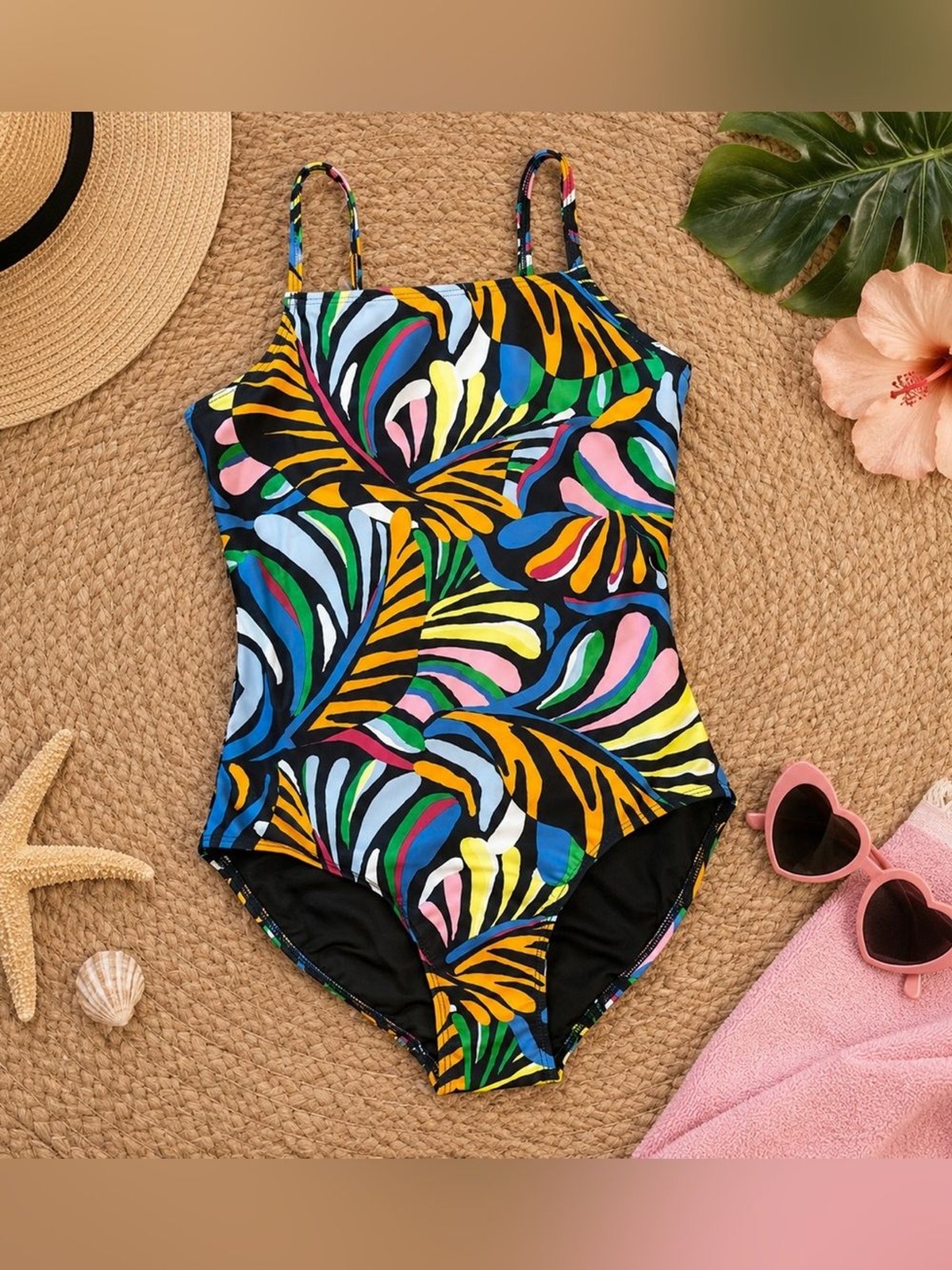 Old Navy NWT Girls One-Piece Swimsuit – Multicolor Tropical Print Size L 10-12