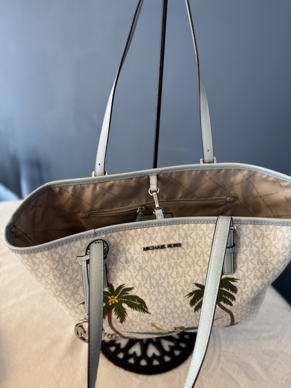 Michael Kors Jet Set Monogram Tote Carryall White/Blue, Silver Hardware Charm