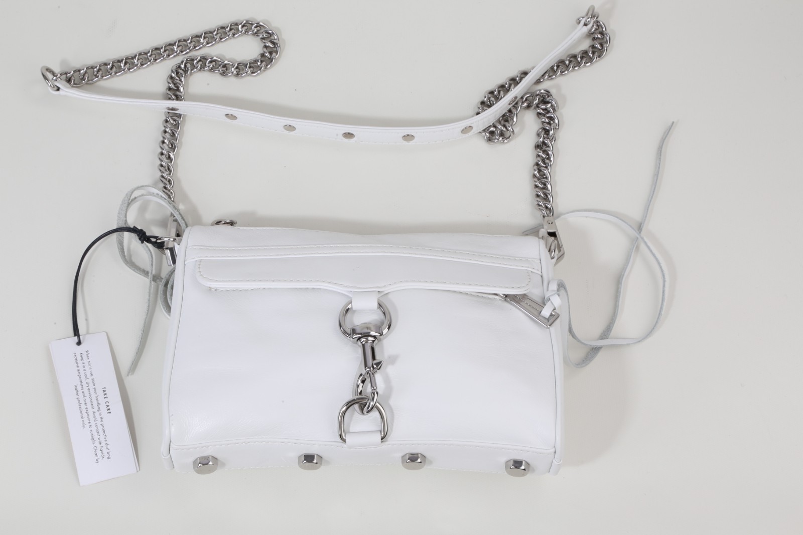 Rebecca Minkoff Mini MAC White Leather Crossbody Bag Silver Chain Dog Clip Purse