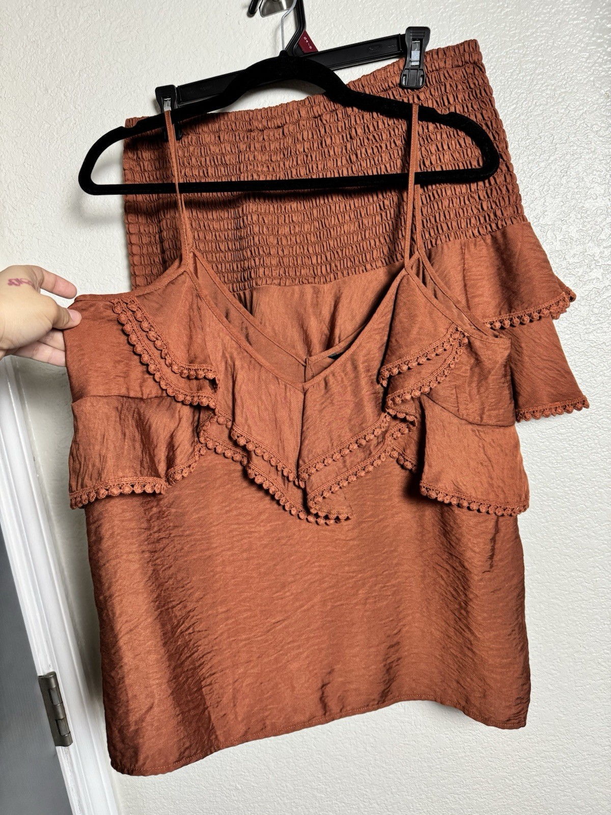 Zara Rust Terracotta Coords Ruffle Cami & Smocked Mini Skort Top XL & Skirt L