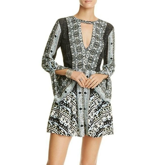 Free People Tegan Border Print Boho Short Dress Tunic Black/Gray Size 4