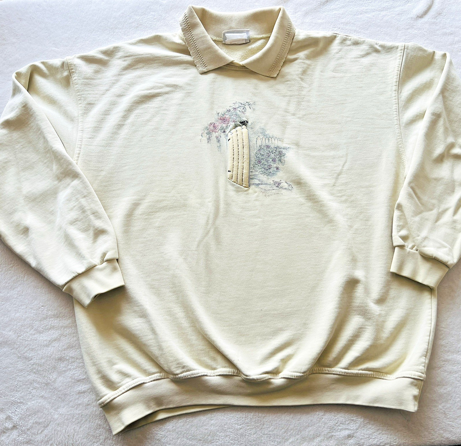 Collared yellow vintage 90s Grandma Bird Sweatshirtfence gate flowers stains