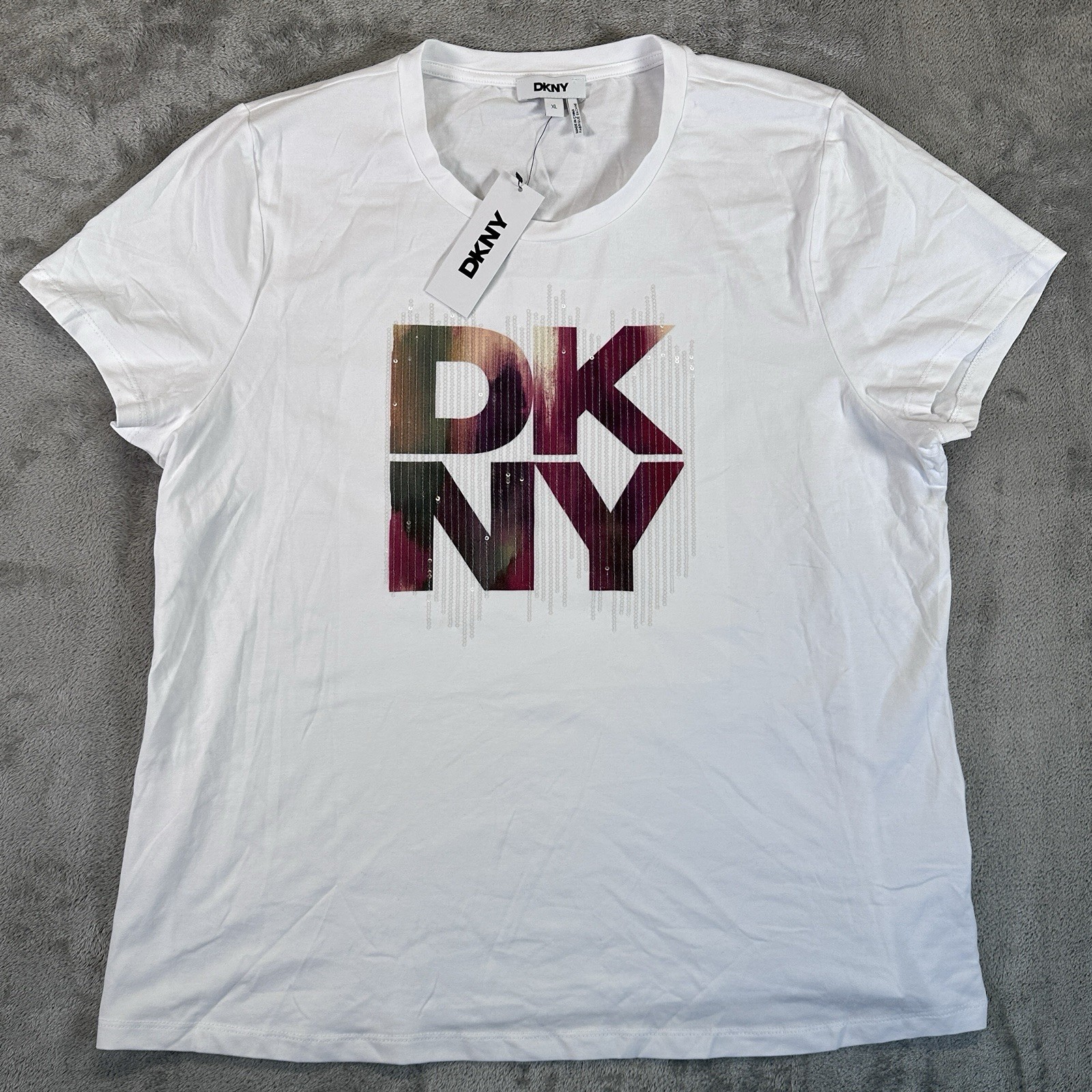 DKNY Women’s White Cityscape-Rhinestone Logo T-Shirt Short Sleeve Size X Large