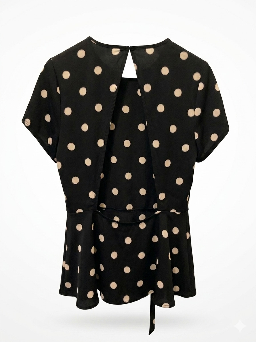 A.U.W. Black & White Polka Dot Peplum Wrap Top – Size L