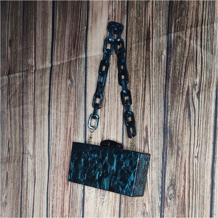 Blue/Black Marbled Box Clutch Purse w/ Detachable Chain Strap Latch Closure