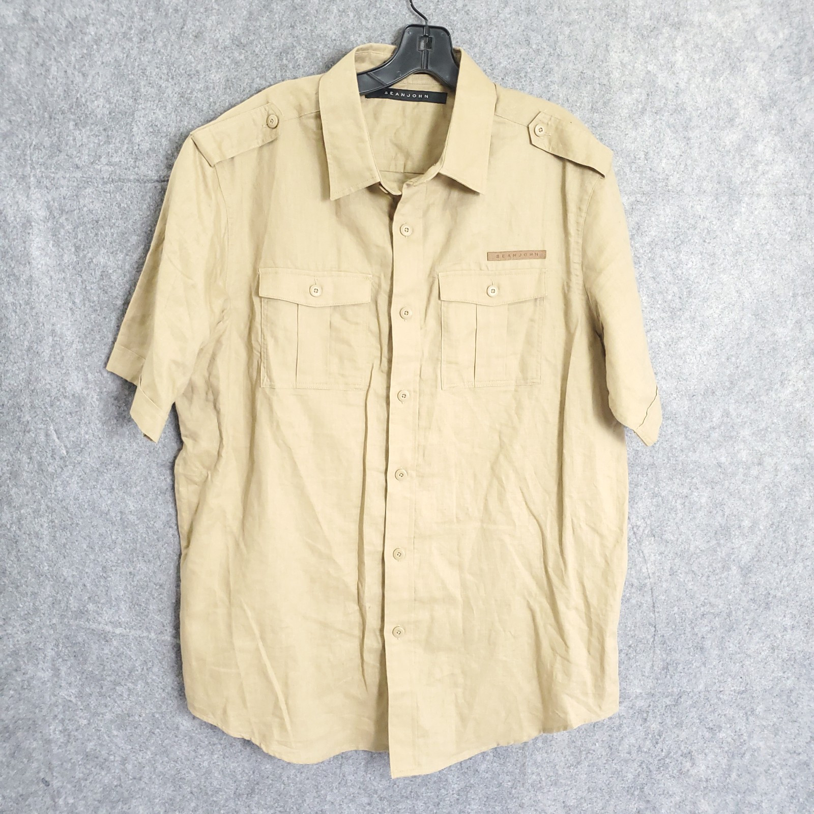 Sean John Shirt Mens Large Beige Linen Casual Travel Beach Flight Button Down L