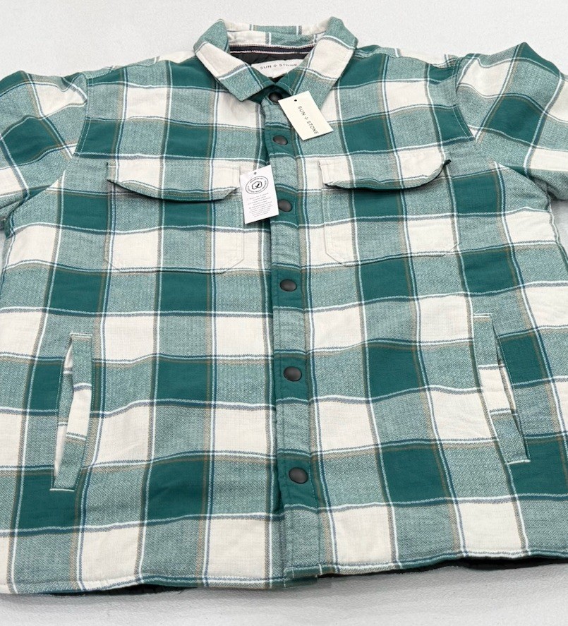 Sun + Stone Men’s Lined Plaid Flannel Shirt Jacket, Green Tourmalin, Size M