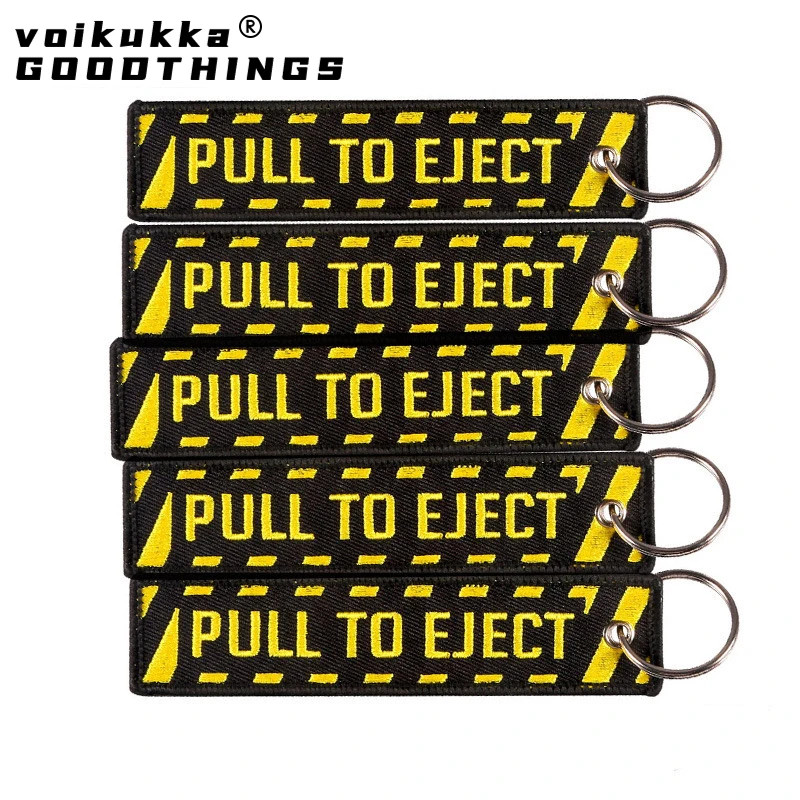 1 PC Only Both Sides Embroidery PULL TO EJECT Tags Rectangle Keychain Motorcycle