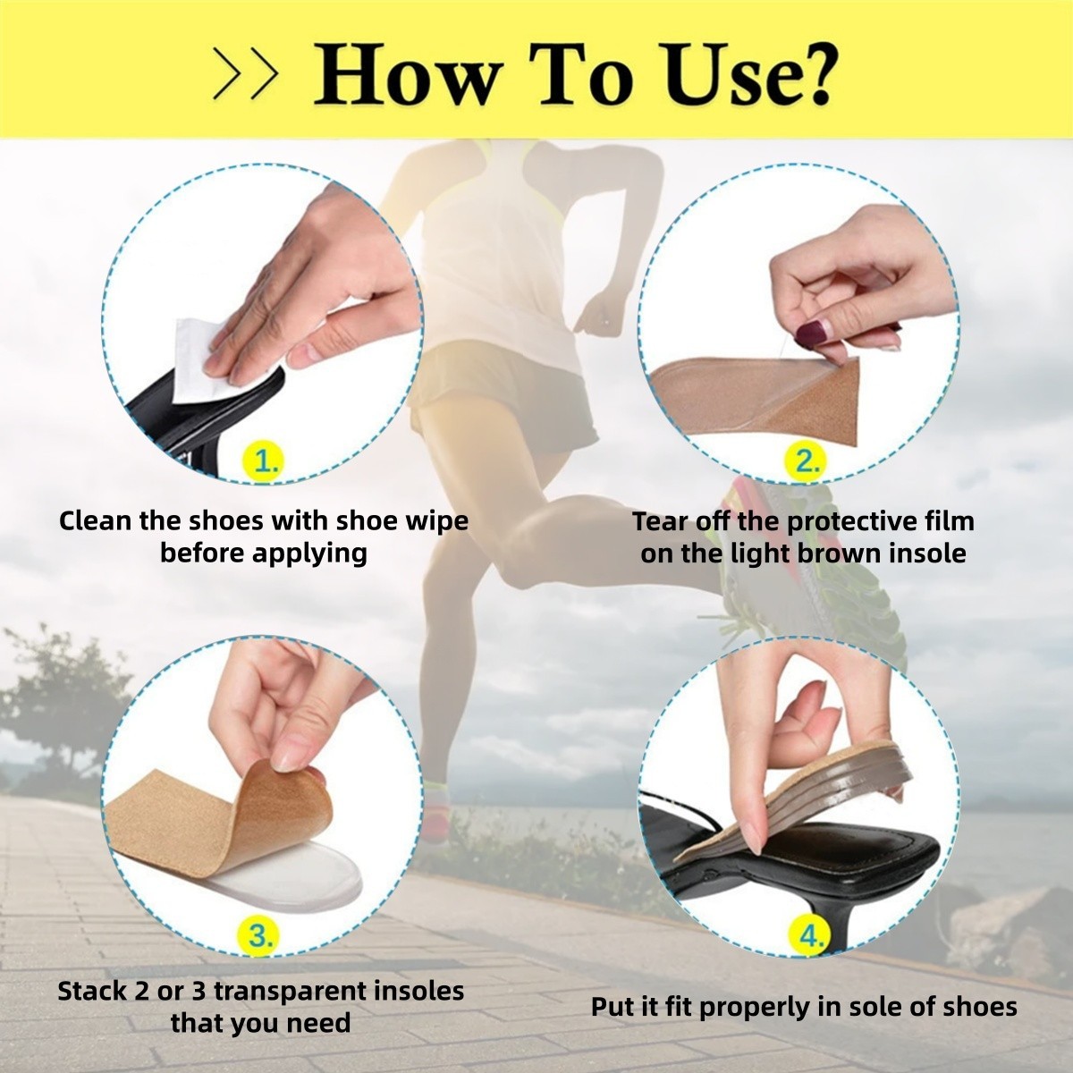 Universal Gel Height Increase Insoles Invisible Shoe Lifts Inserts Elastic Shock