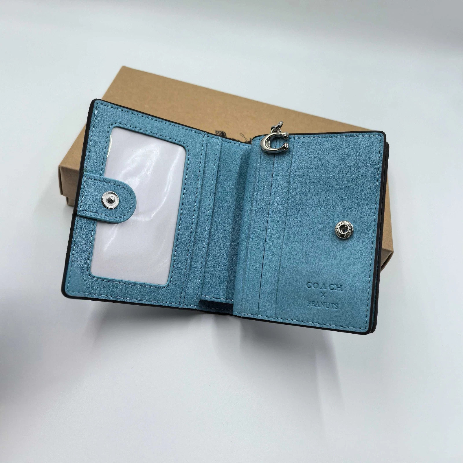 NEW Coach x Snoopy Print Cartoon Pattern Short Zip Wallet Blue
