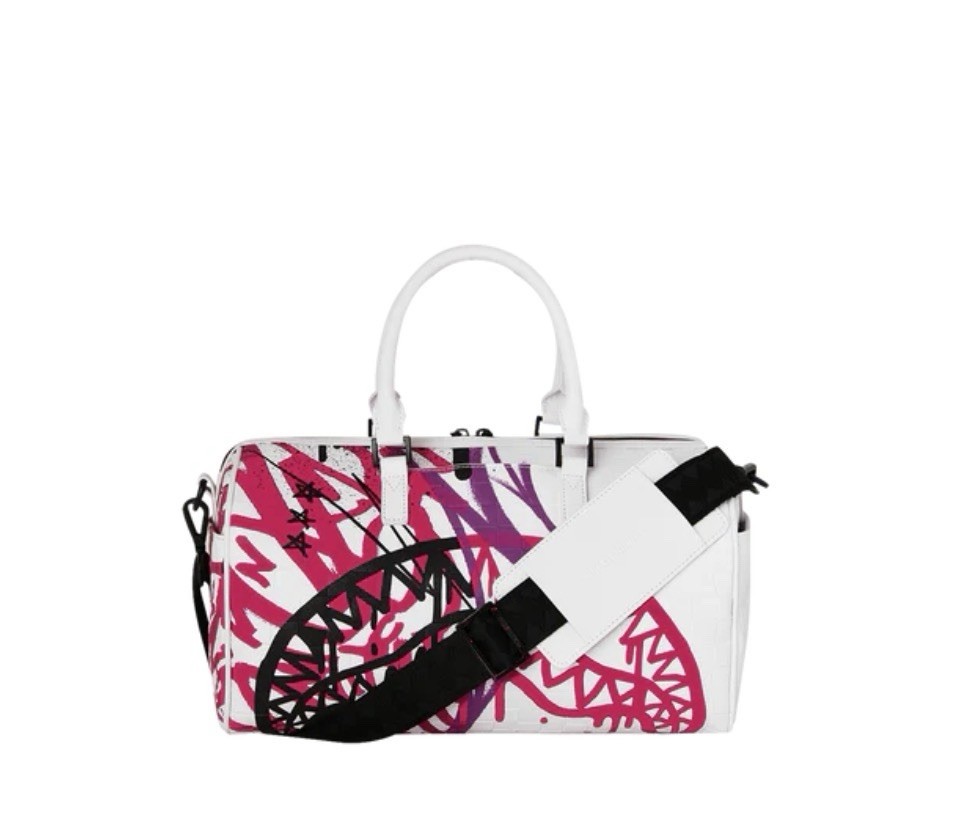 Sprayground Crash Graff Turbo Mini Duffle Graffiti Shark Zip Strap White