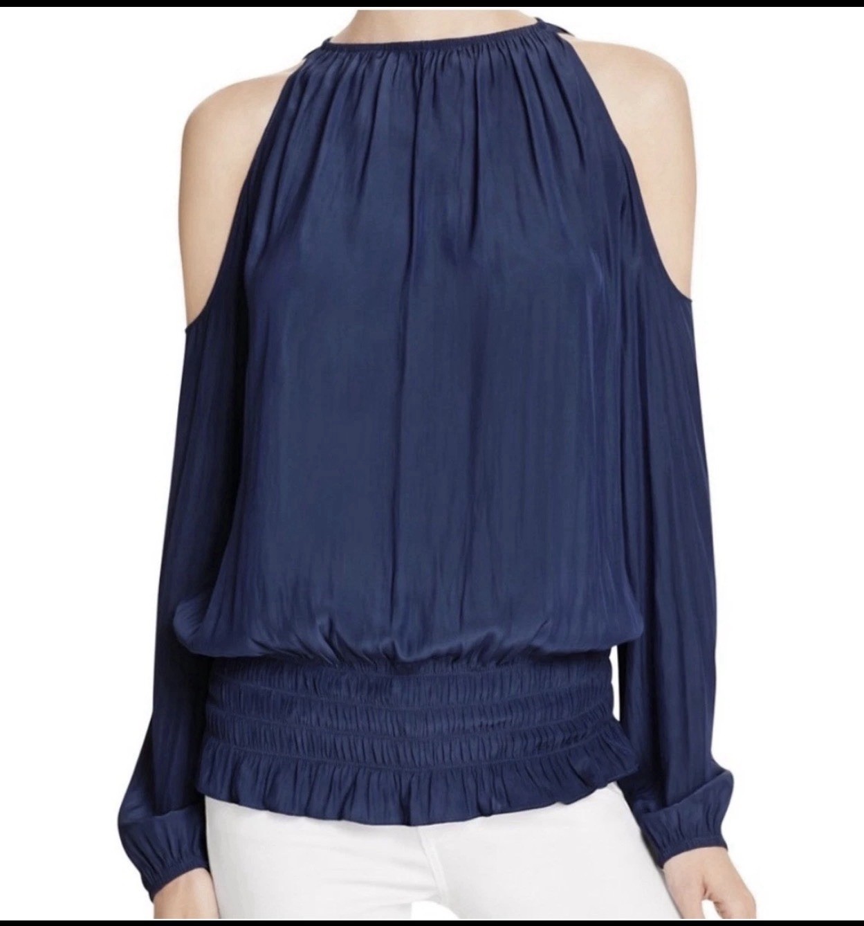Ramy Brook Blue Cold Shoulder Blouse XS Silk Look Long Sleeve Boho Top