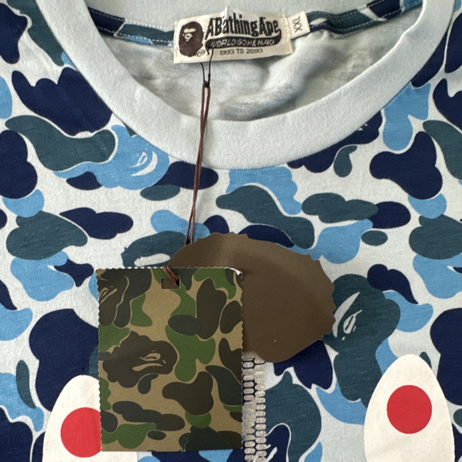New w Tags A Bathing Ape BAPE Mens XXL Blue Camo Shark Graphic Crew T Shirt