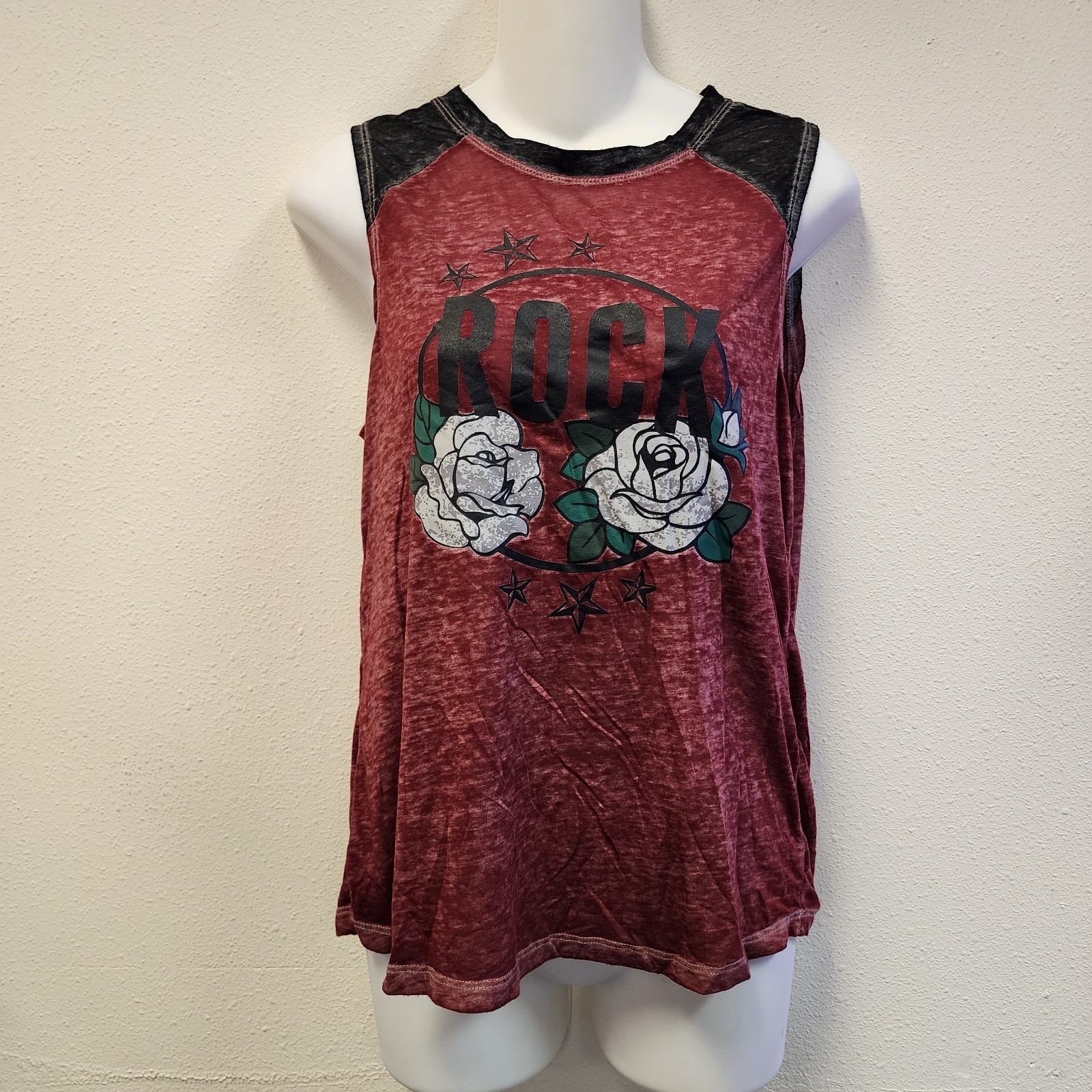 Rock Punk Graphic Tank Top M Red Roses Burnout Y2K Biker Retro Grunge Street