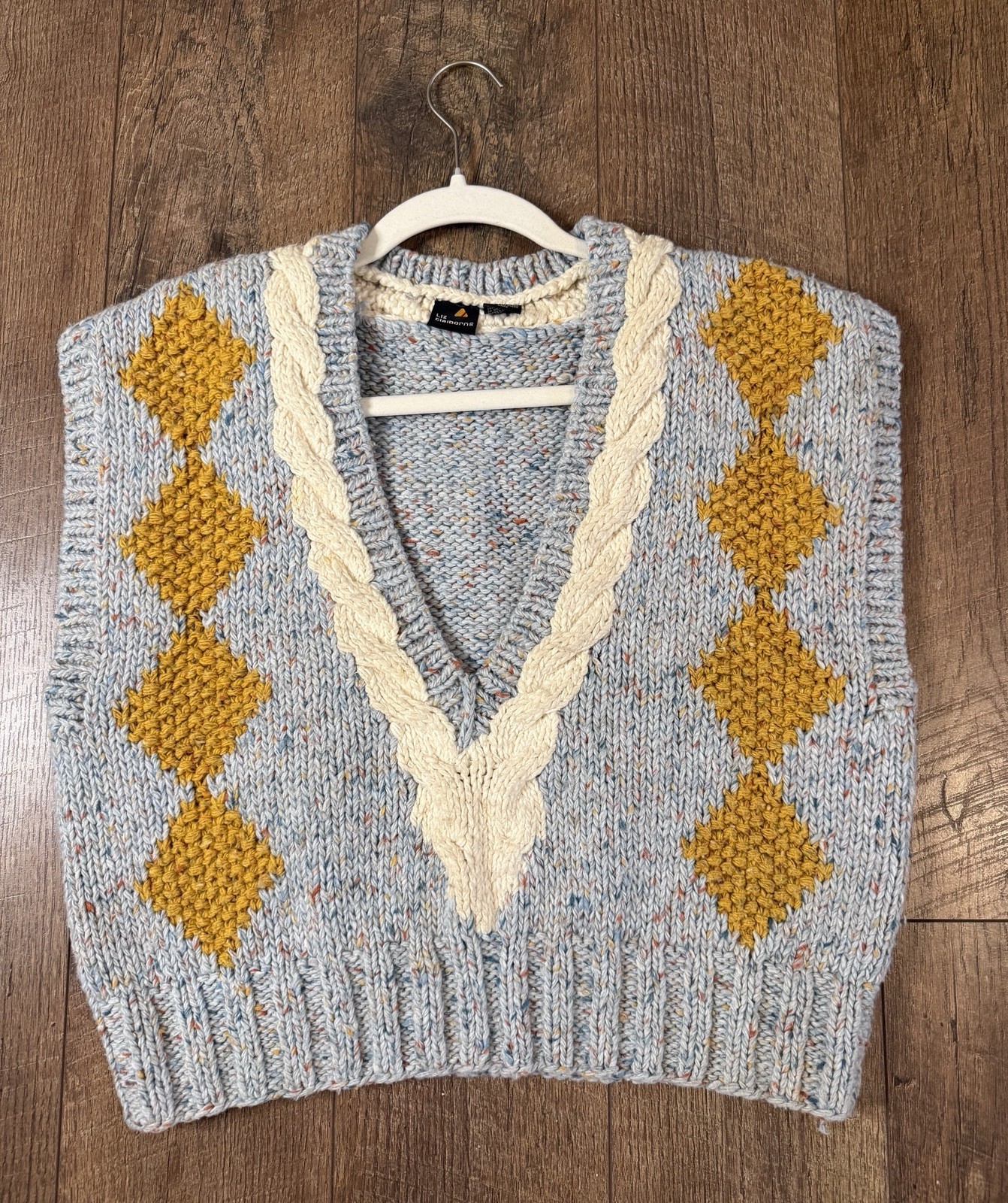 Liz Claiborne Vtg Wool Blend Knit Blue Yellow Argyle Sweater Vest Sz M