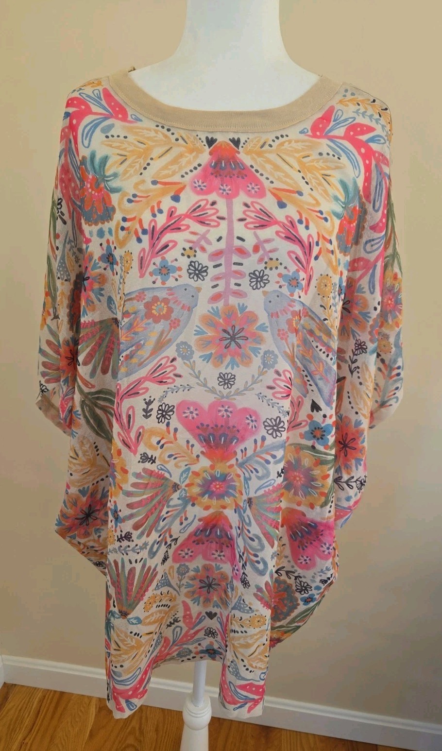 Natural Life Ladies Birds/Floral Coverup/Top Sheer Beachy Kimono Short Med READ
