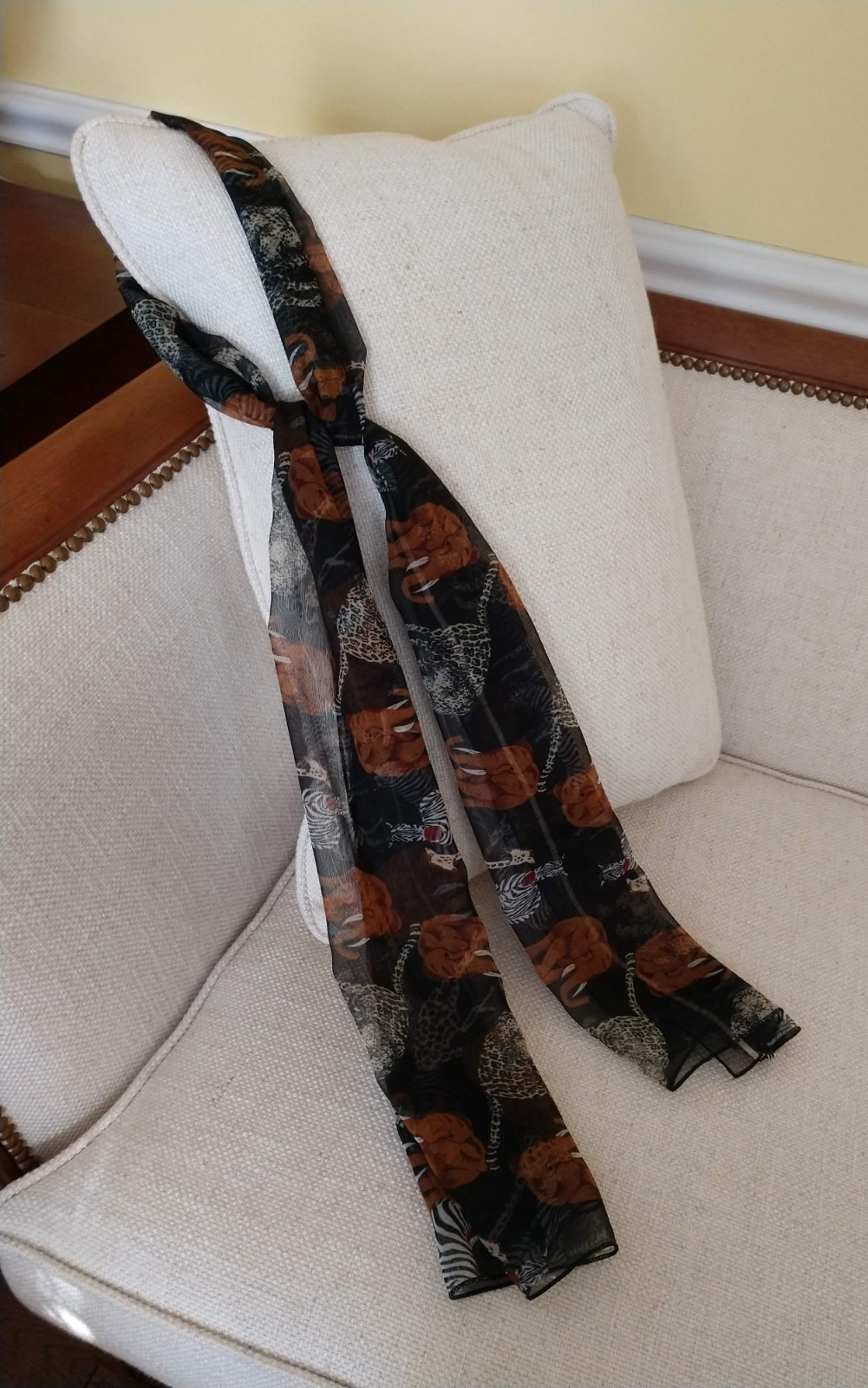 Long African Elephant Zebra Giraffe Leopard Scarf Black 20 x 64 inches