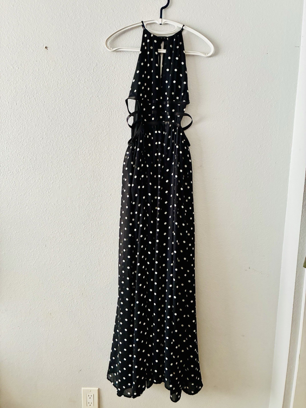 ASH NOVA Womens M Black/White Polka Dot Halter Maxi Chiffon Lined 3015D