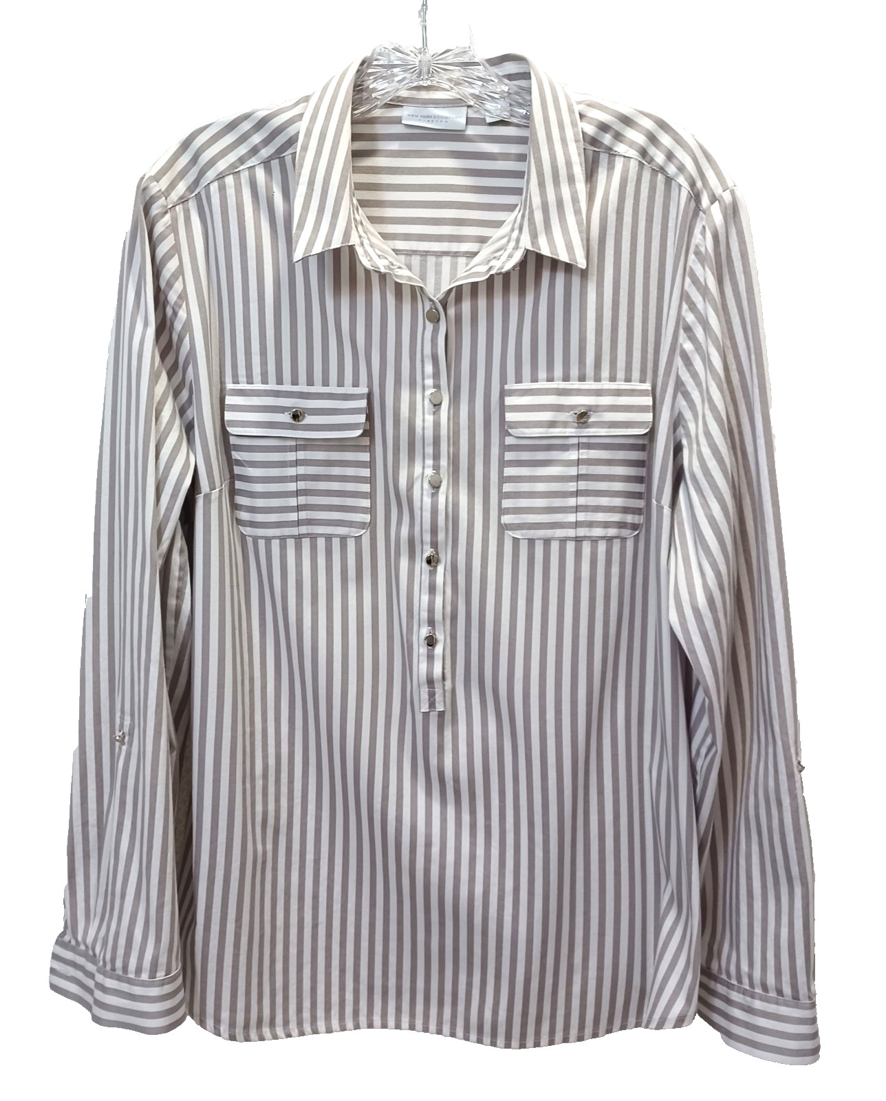 New York & Company Stretch Women’s XL Gray White Striped 98% Cotton Rolled Slv.