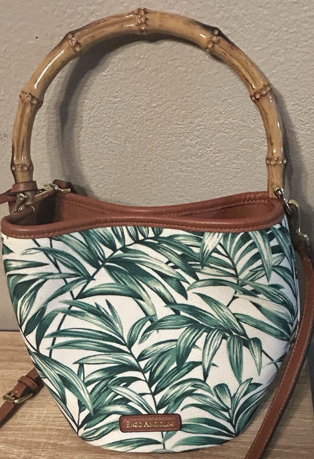 Enzo Angiolini Tropical Green/White/Brown Top Handle Bag Bamboo Handle, Small