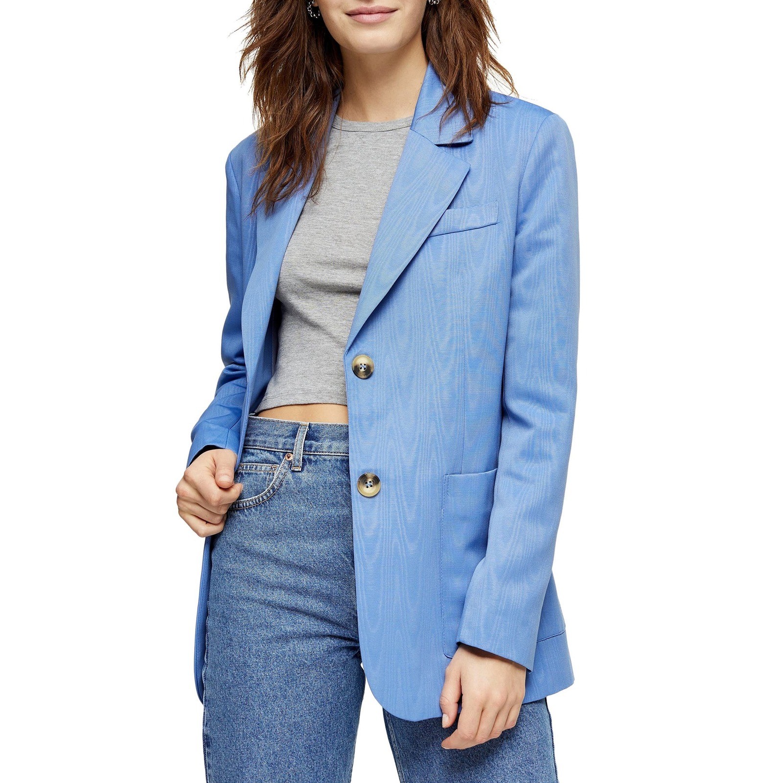 Topshop Blazer Womens 8 Blue Moire Grandad Textured Two Button Notched Lapel