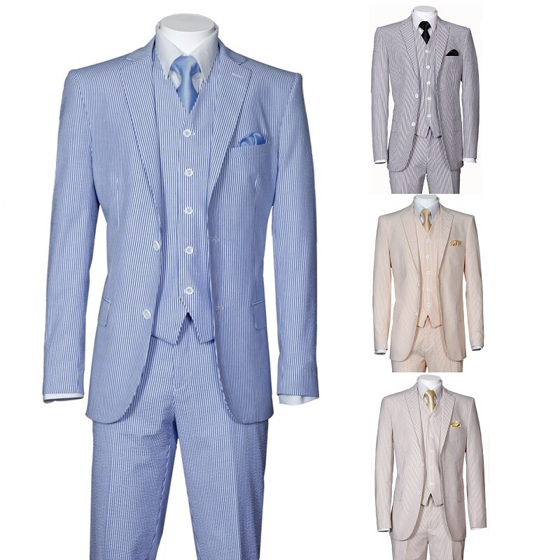Men’s 3 Piece Fashion Striped Seersucker Suit With Vest&Pants Slim Fit 2 Button