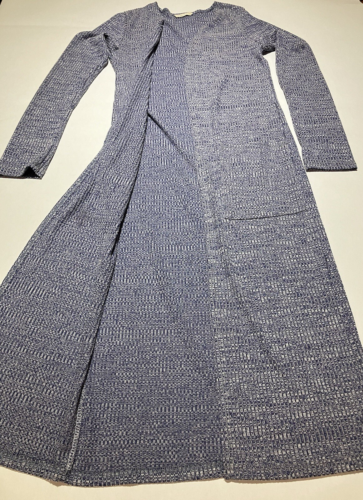 Olive Rae static blue open duster sweater pockets medium made in USA all seasons