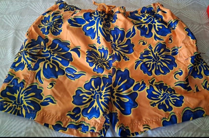 Sand N Sun Men’s L Orange/Blue Floral Swim Trunks Elastic Waist Mesh Lining