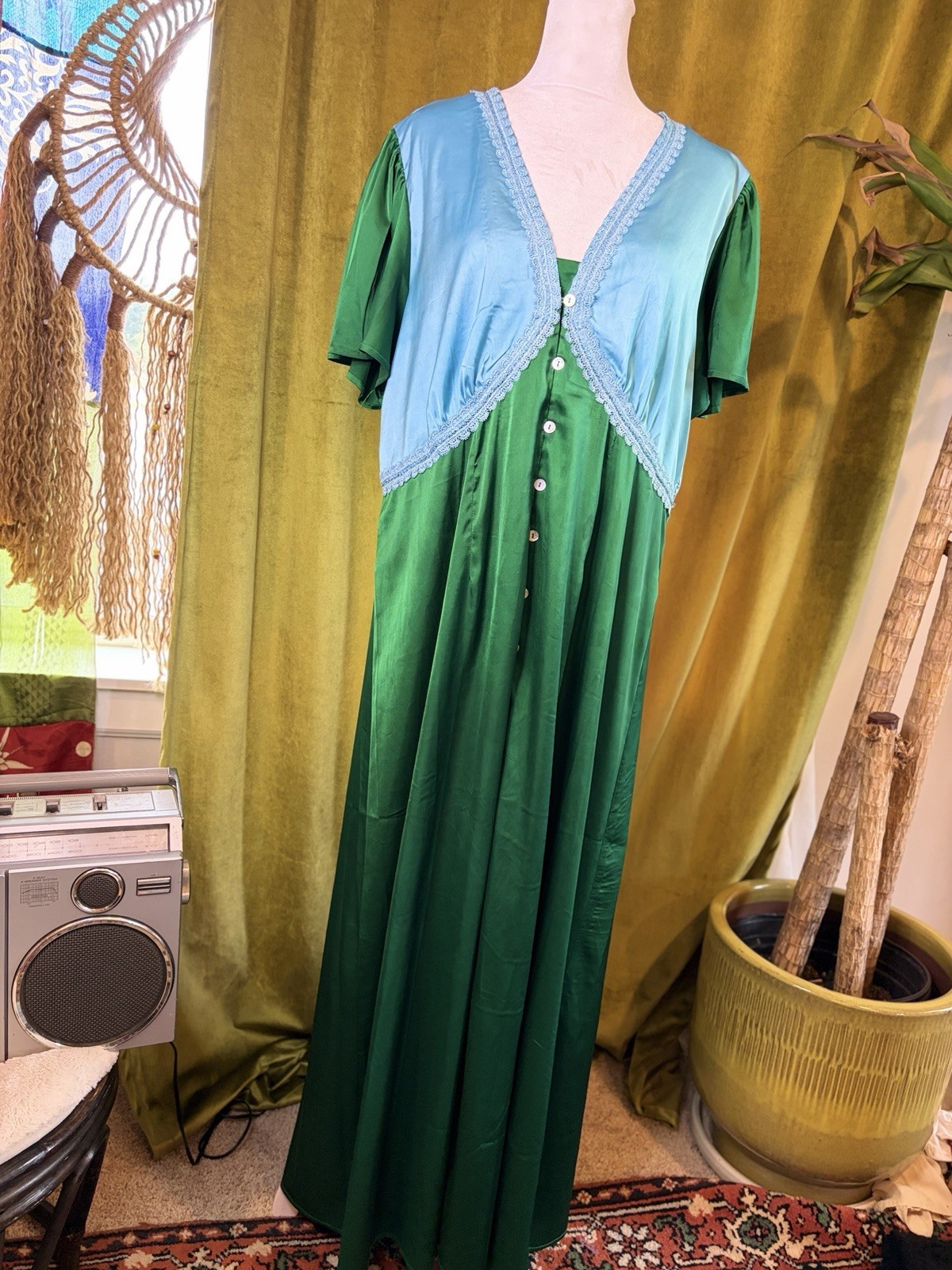 Dressed in Lala Green/Blue Satin Nightgown Gown XL Lace Buttons