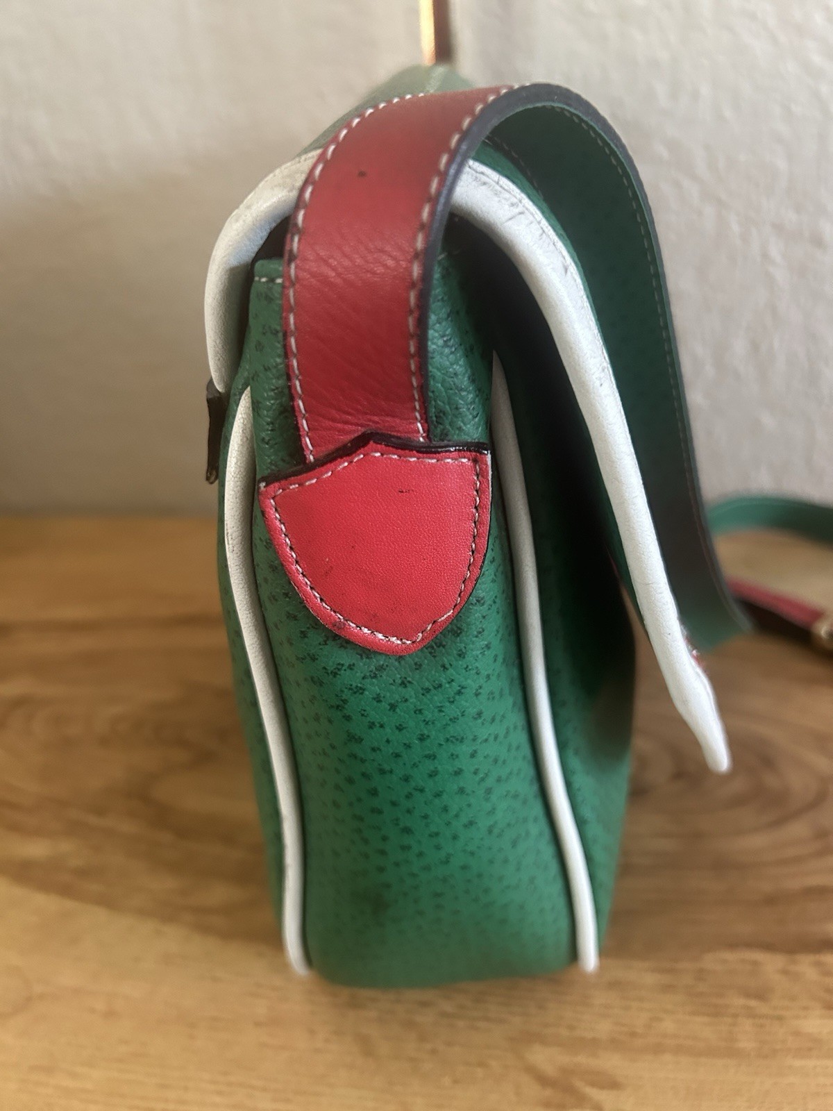 SALAR Milano Italian Leather Colorblock Saddle Shoulder Bag Red & Green