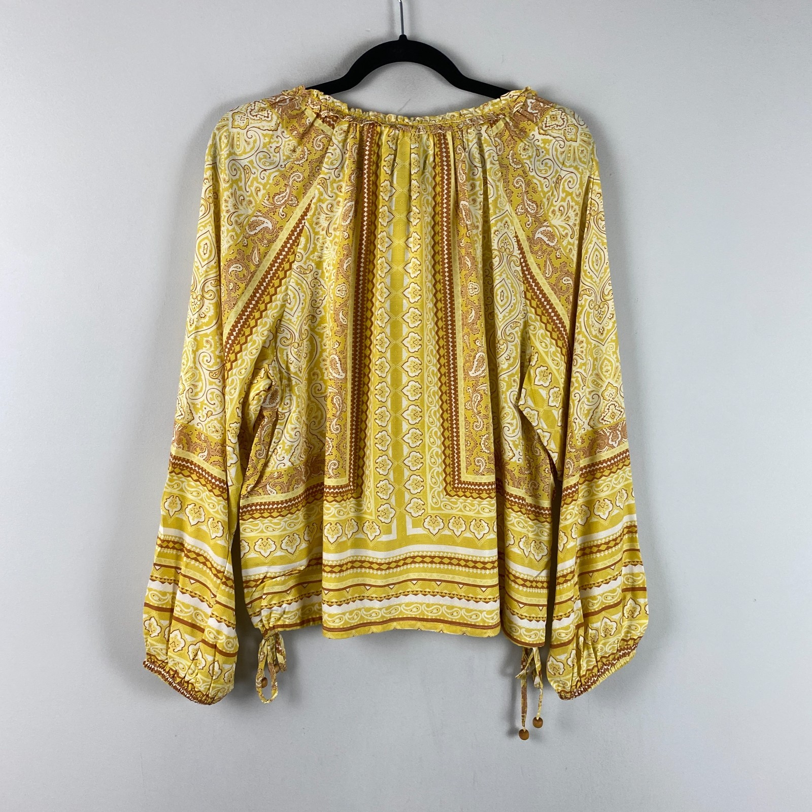 Rose + Olive Paisley Peasant Blouse Size Large Boho Tie Popover Yellow Rayon