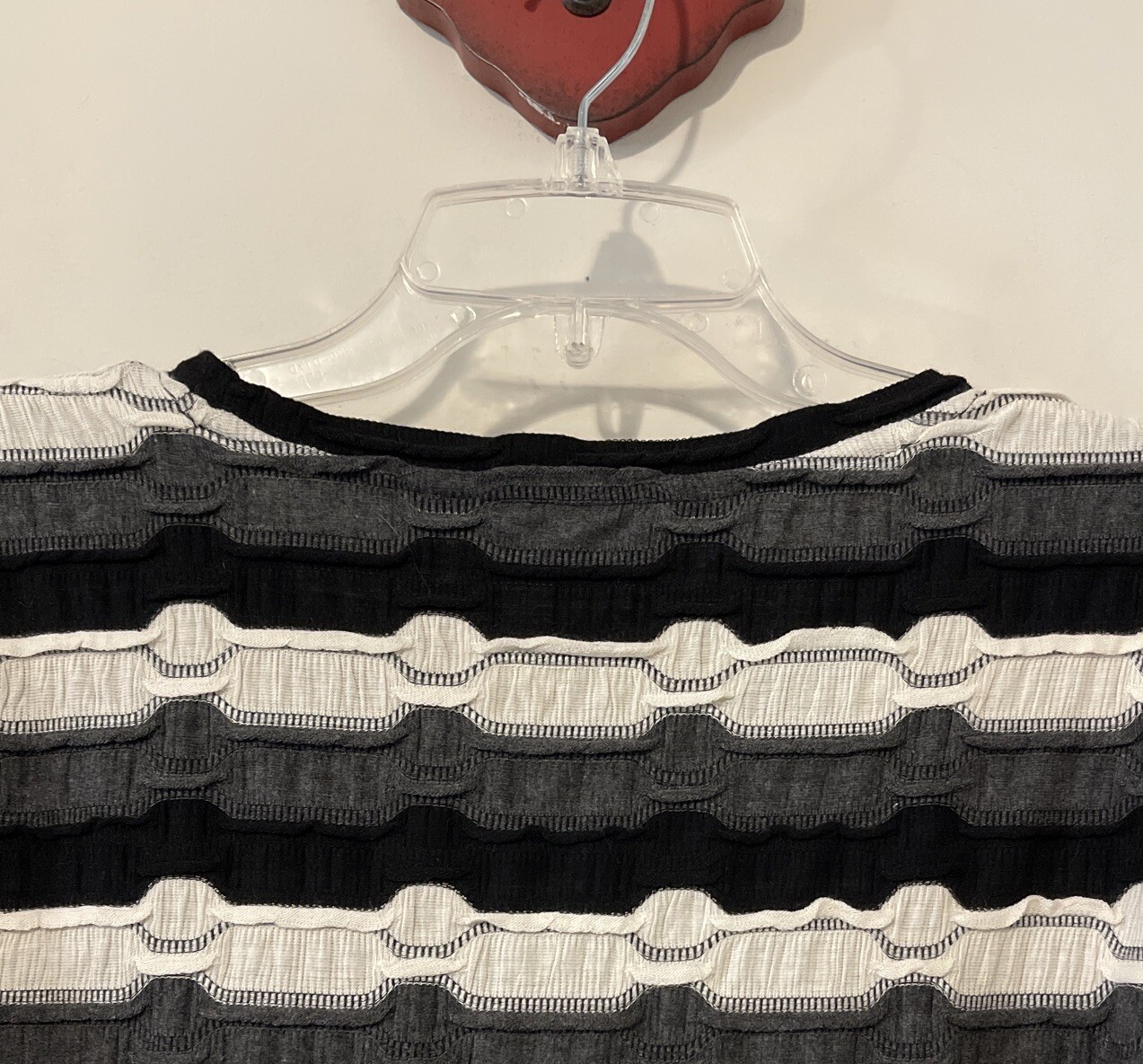 Christopher Banks Womens Medium Black Ivory Gray Ruffle Striped Blouse NWT A5280