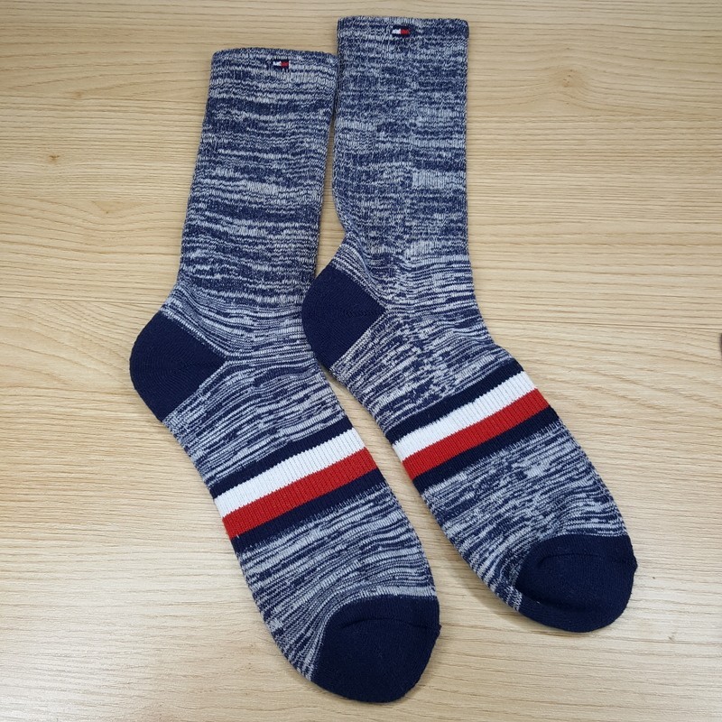 TOMMY HILFIGER Dress Socks Mens Blue Marled Stripe Logo 1-Pair
