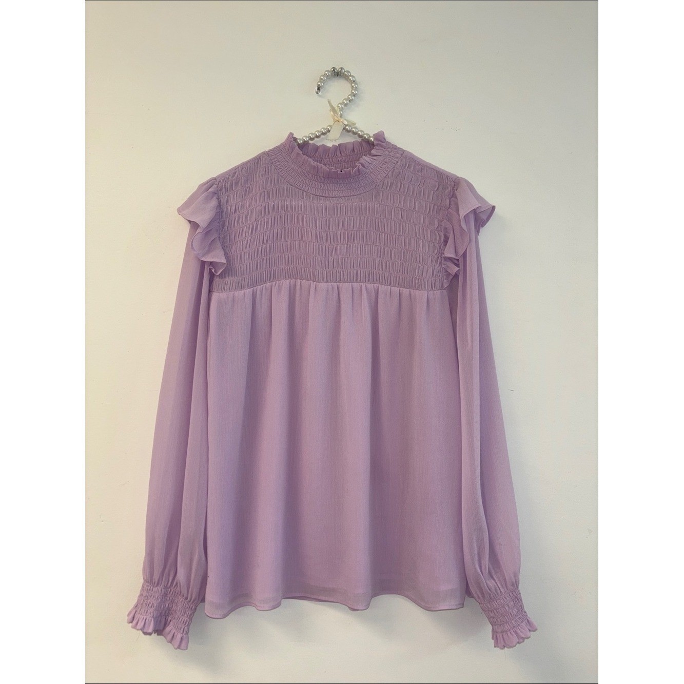 Ann Taylor Lavender Smocked Ruffle-Shoulder Blouse