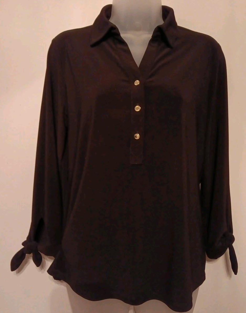 Anne Klein Black Top Stretch Small Collar 3/4 Tie Sleeves 3 Button Placket EUC