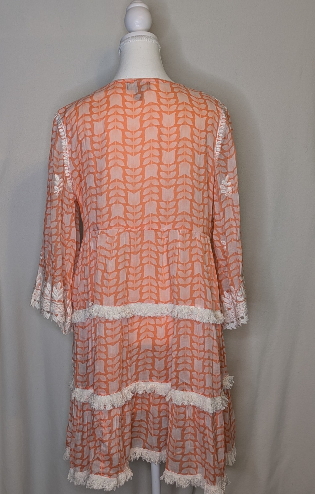 Bairaas Embroidered Boho Dress Size 42 Peach White Tassel Tiered Fringe EUC