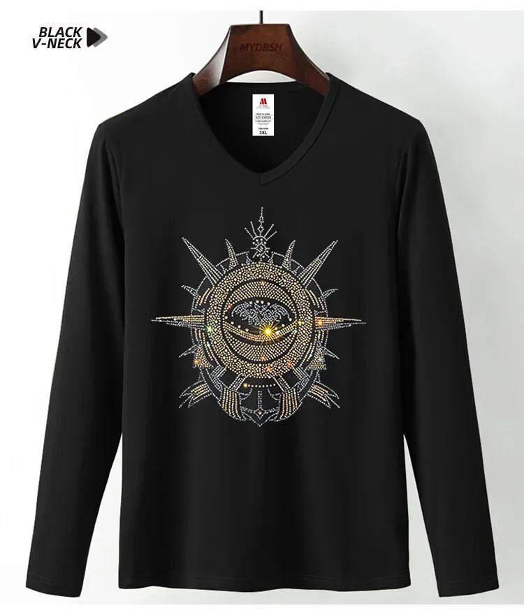 Fashion Trend Stone Rhinestones Streetwear Long Sleeve Luxury Men V-Neck T-Shirt