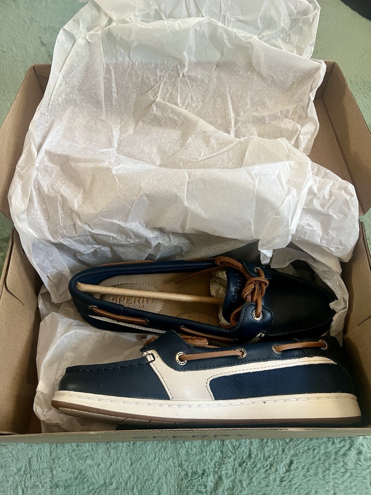 Sperry Top-Sider Starfish Leather Boat Shoes Navy/Tan Lace-Up 5M STS86211